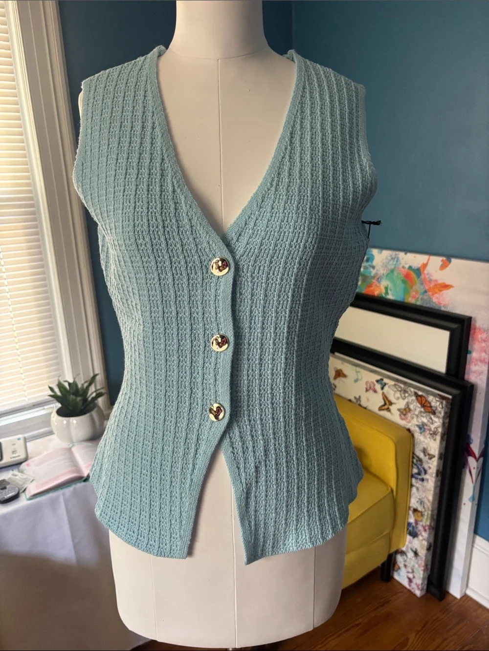 Sleeveless V-Neck Knit Button Front Sweater Vest - Light Aqua